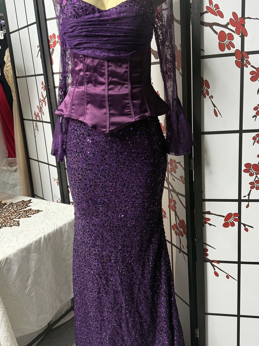 SHEIN Purple Lace & Sequin Corset Evening Gown